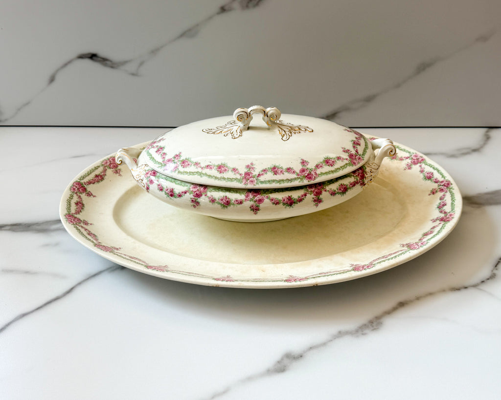 Antique Haddock & Sons Royal Vitreous Covered Tureen with Platter – Pink Floral Garland Transferware, England, 17” Serving Set