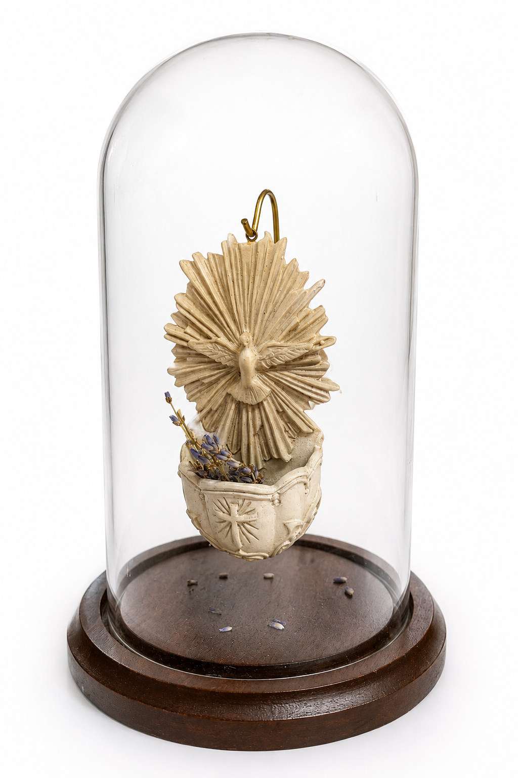 Vintage Holy Water Font Under Glass Cloche with Dried Lavender