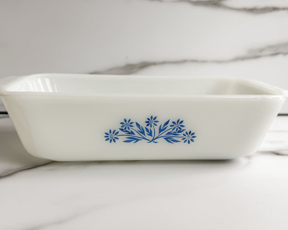 Vintage CorningWare Cornflower Blue Milk Glass Loaf Pan Blue Floral Made in USA