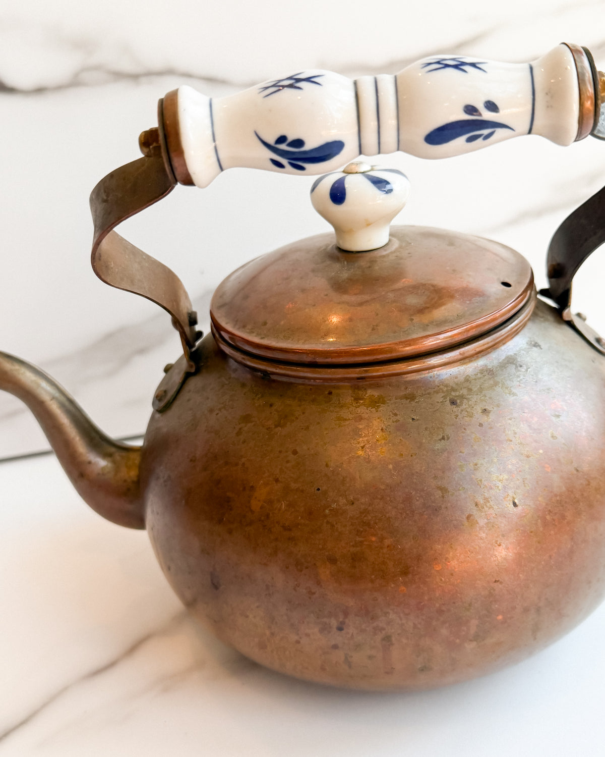 Vintage Copper Tea Kettle with Blue & White Porcelain Handle