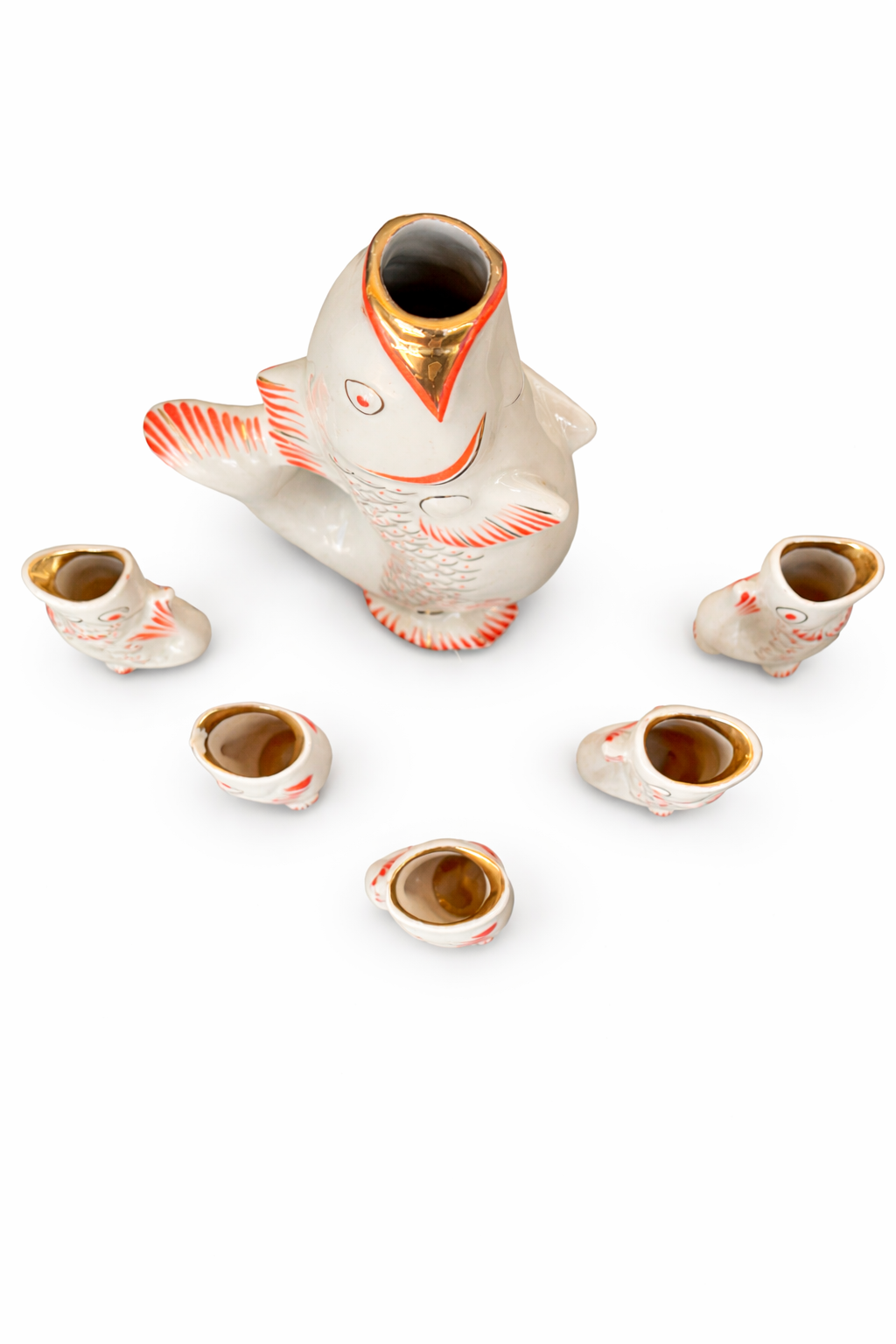 Japanese Fish Sake Set | Ceramic Fish Decanter with 6 Cups | Mid-Century Barware