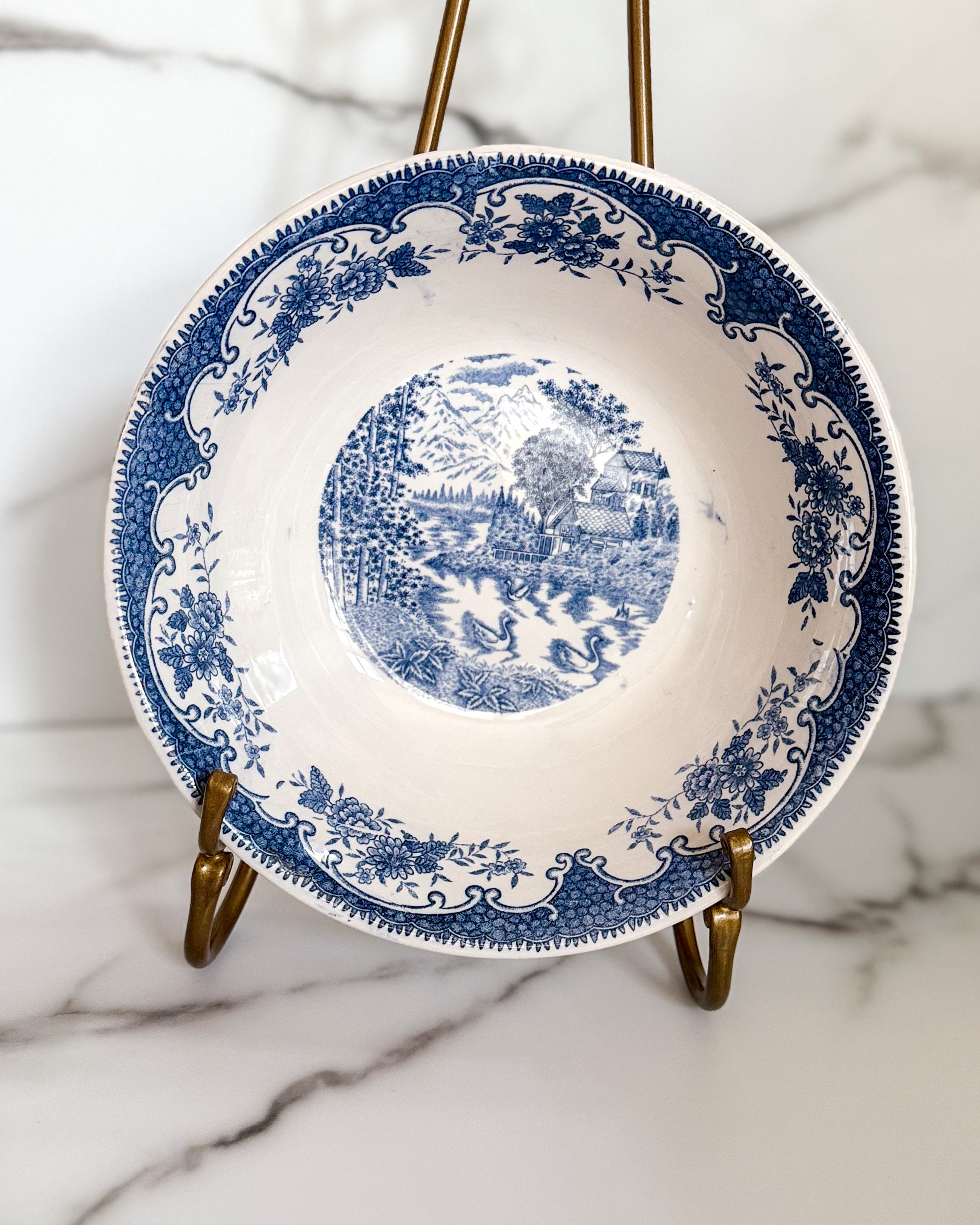 Vintage Blue & White English Village Transferware Serving Bowl | Made in Japan