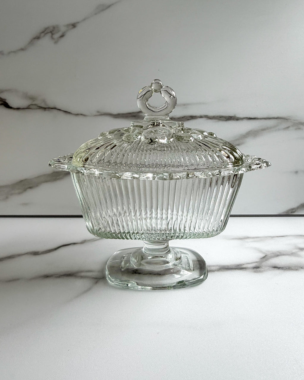 Vintage Indiana Glass Covered Candy Dish Clear Glass Pedestal Compote with Lid