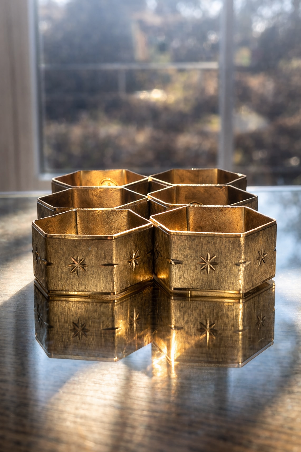 Mid-Century Hexagonal Brass Napkin Rings with Starburst Engraving – Set of 6