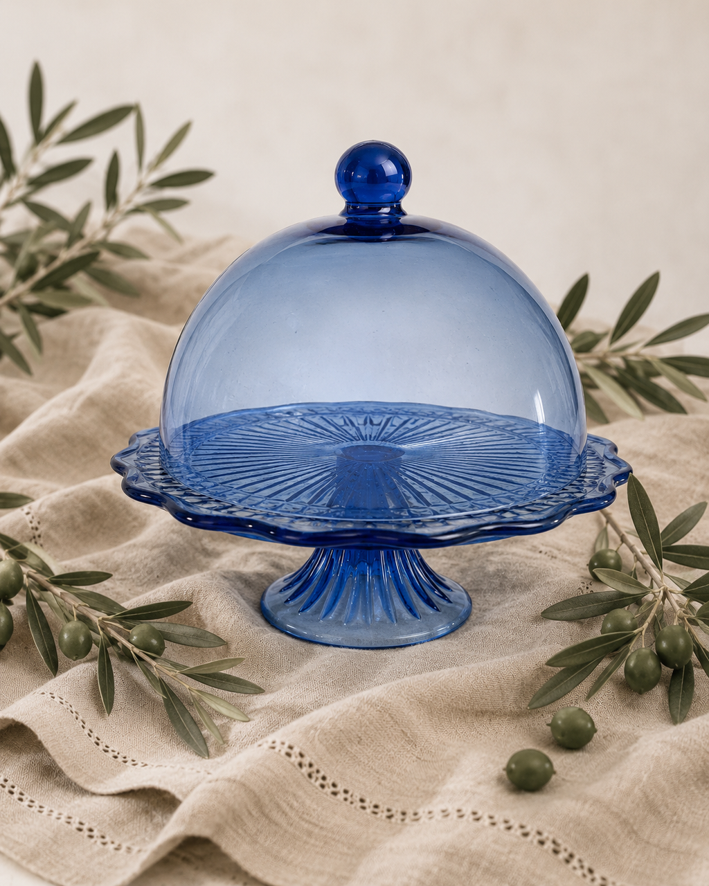 Vintage Cobalt Blue Pressed Glass Pedestal Cake Stand with Dome Lid