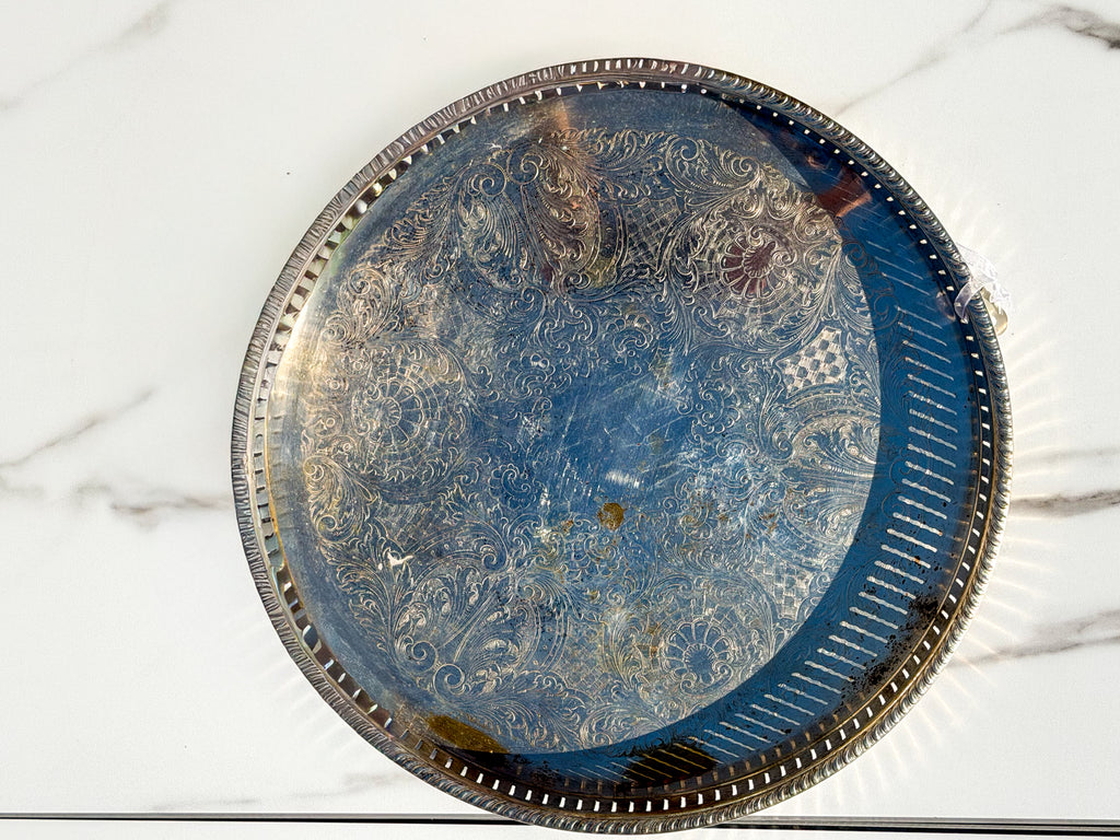 Vintage Silverplate Round Serving Tray – Ornate Etched Floral Design