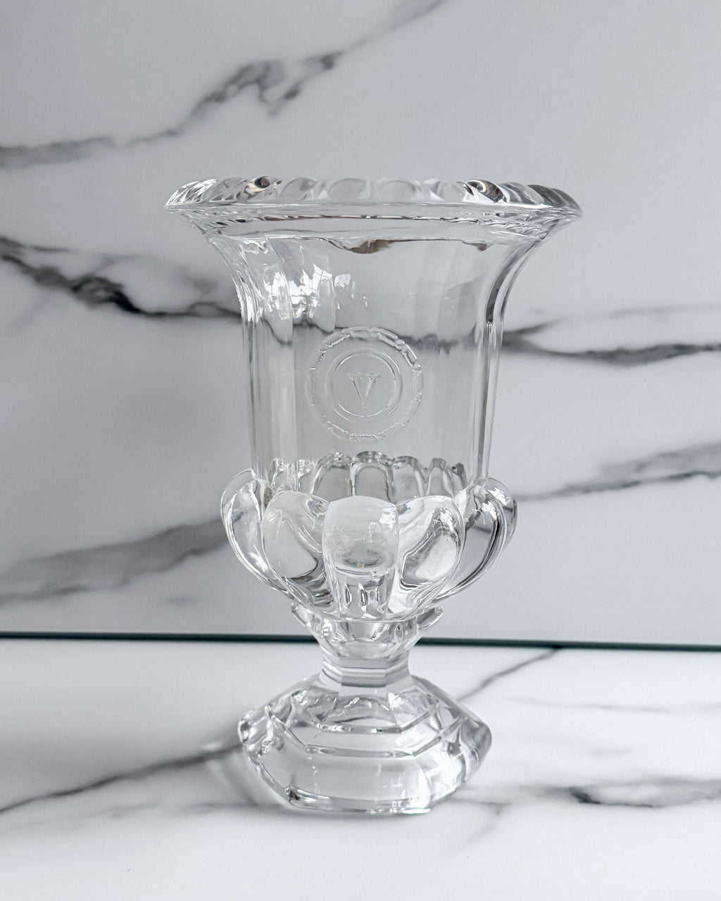 Vintage Val Saint Lambert Belgium Lead Crystal Centerpiece Urn Vase Scalloped Rim