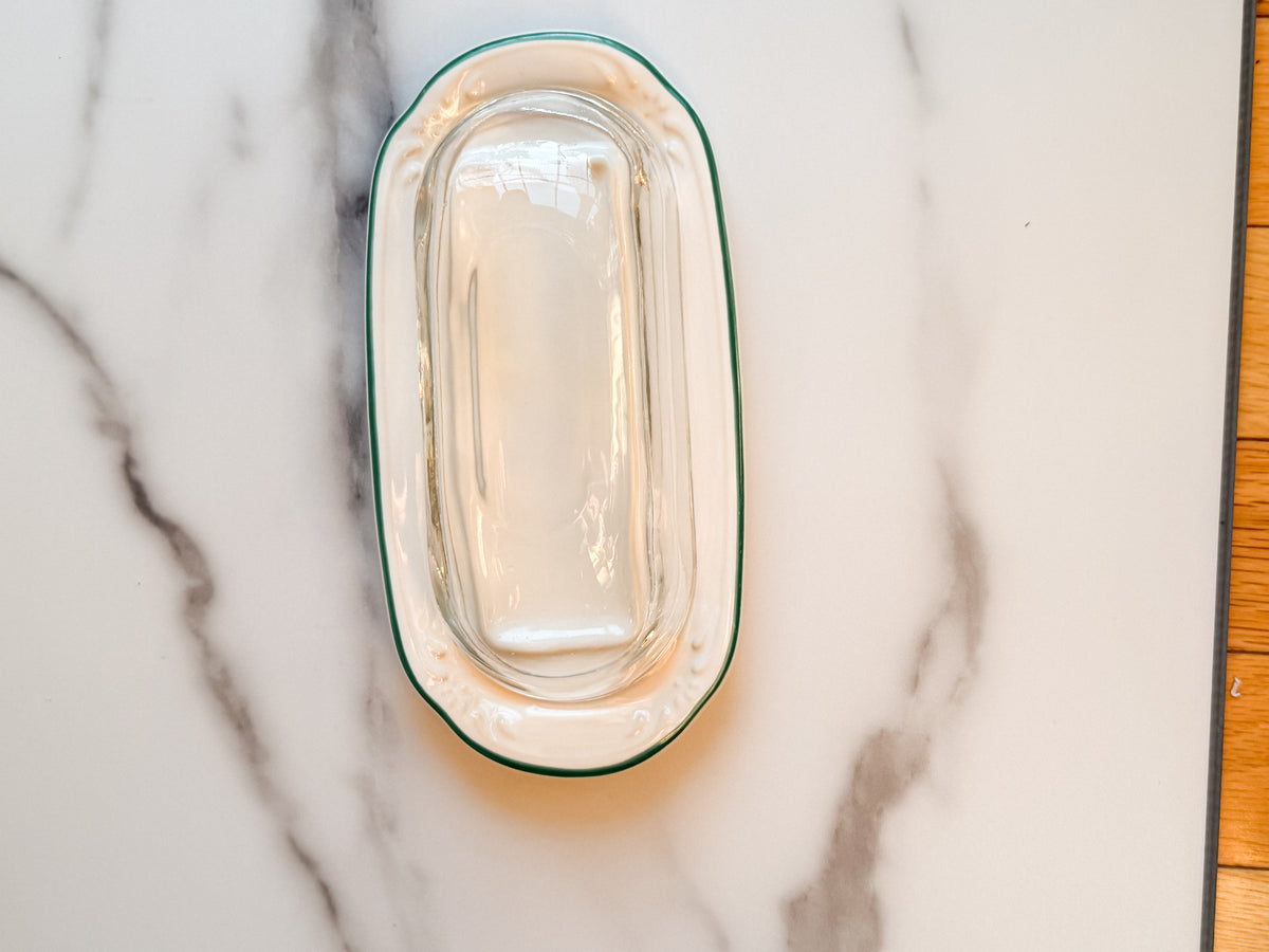 Vintage Pfaltzgraff Butter Dish with Clear Glass Dome Green Trim