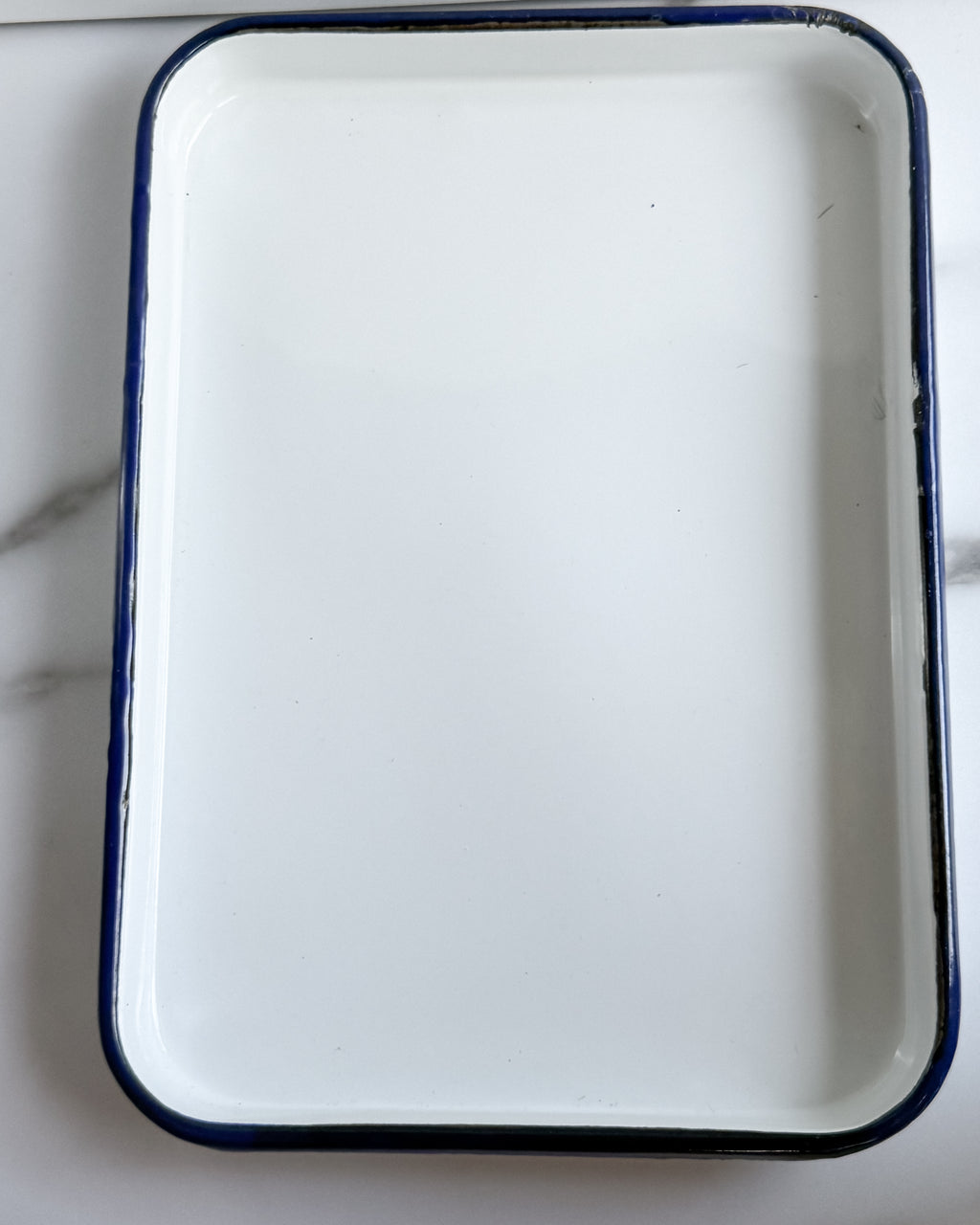 Vintage White Enamelware Trays with Cobalt Blue Rim , Set of 2 , 10.5” x 7.5