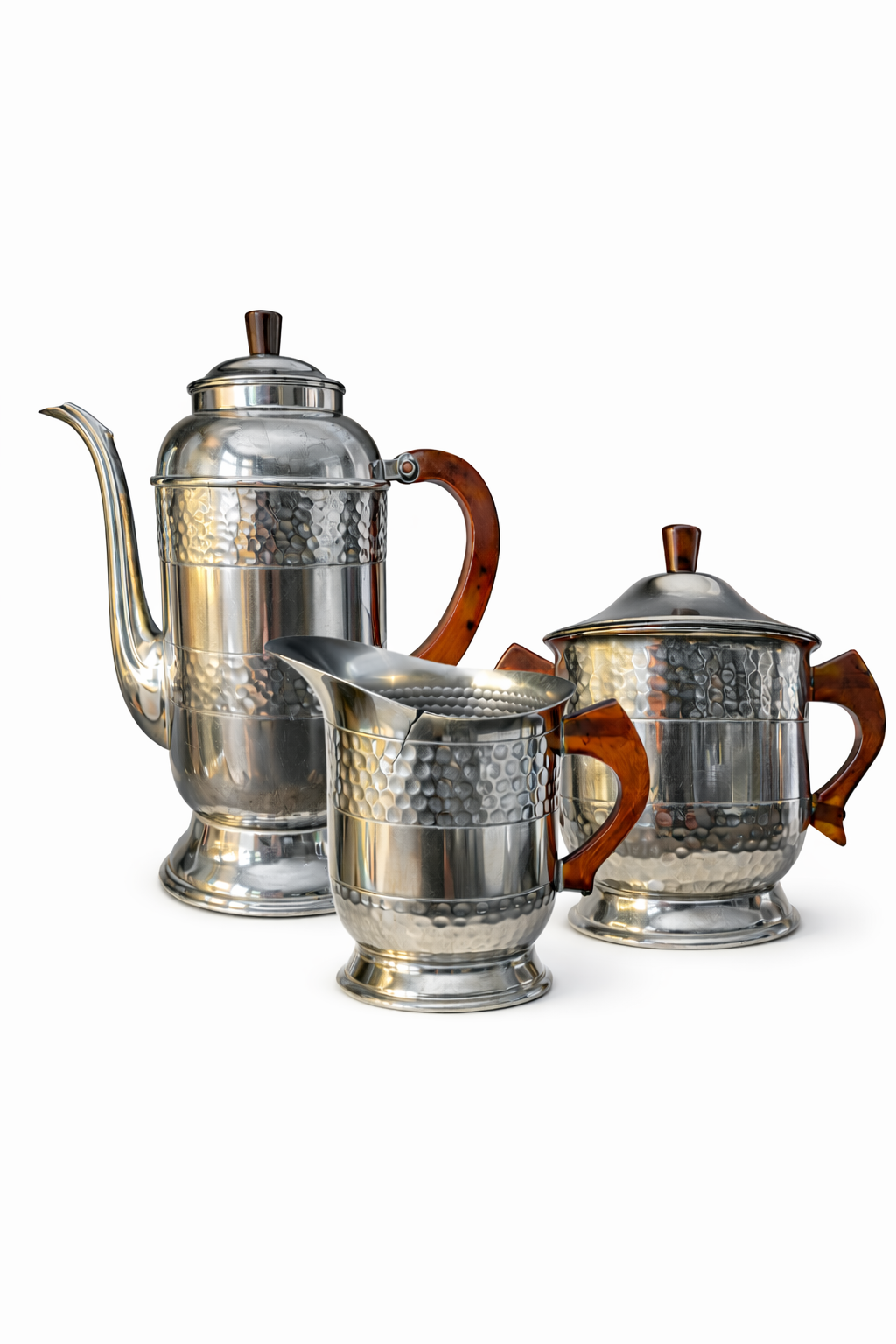 Art Deco Hammered Silverplate Tea Set with Amber Tortoiseshell Bakelite Handles – 3 Piece
