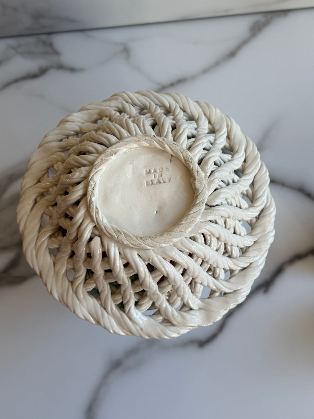 Vintage Italian Ceramic Woven Basket with Faux Fruit Made in Italy Majolica Fruit Centerpiece