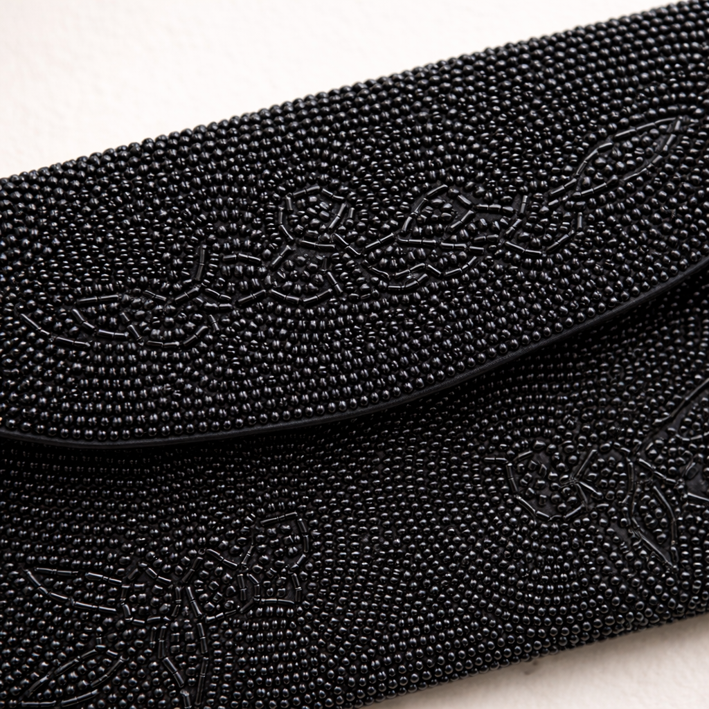 Vintage Black Beaded Evening Clutch Hand Beaded Floral Motif