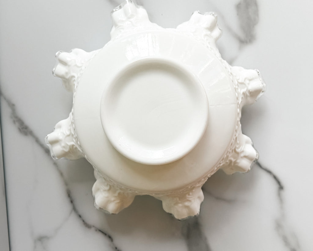 Vintage Fenton Silver Crest Spanish Lace Milk Glass Ruffled Bowl