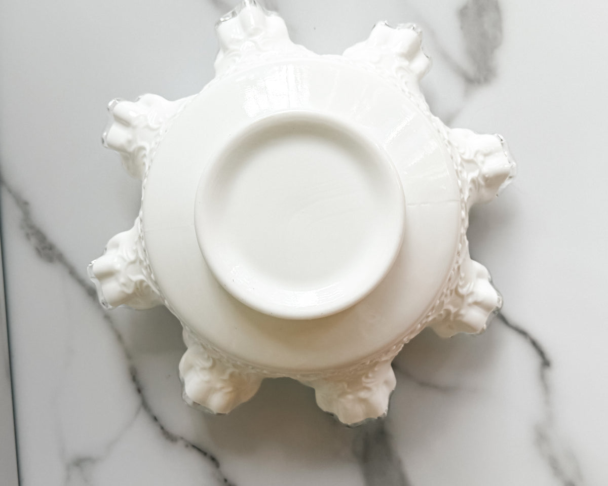 Vintage Fenton Silver Crest Spanish Lace Milk Glass Ruffled Bowl