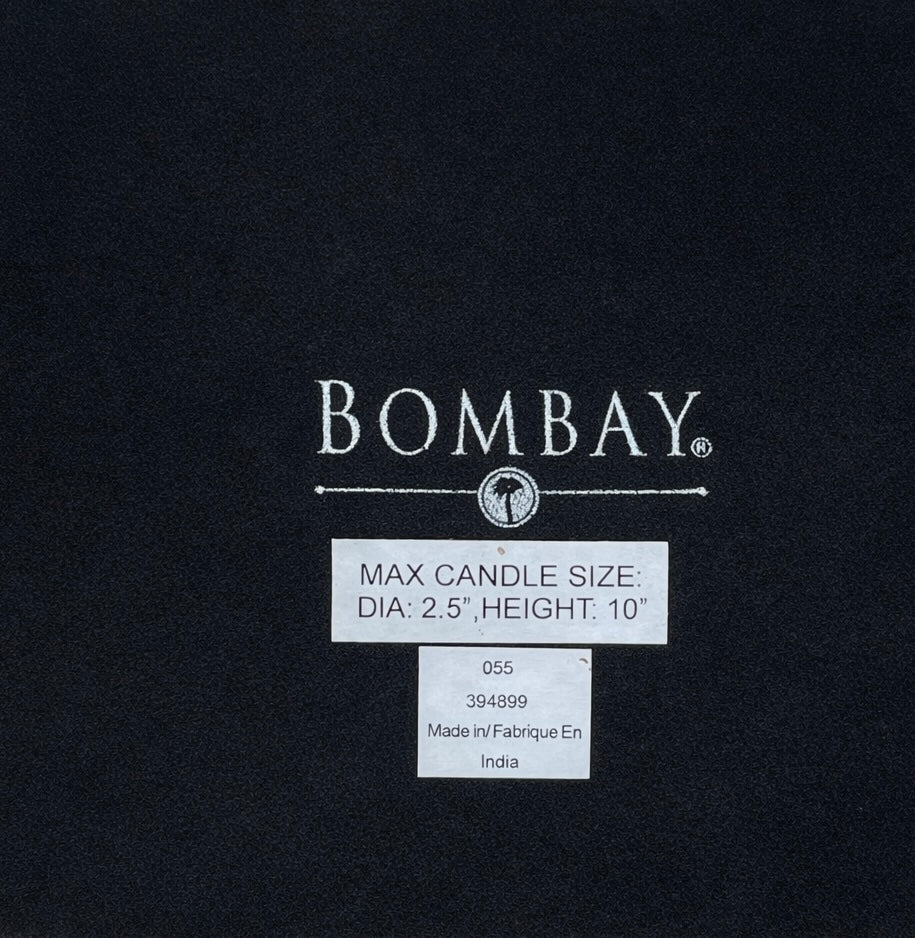 Bombay brand label on a black background with candle size information.