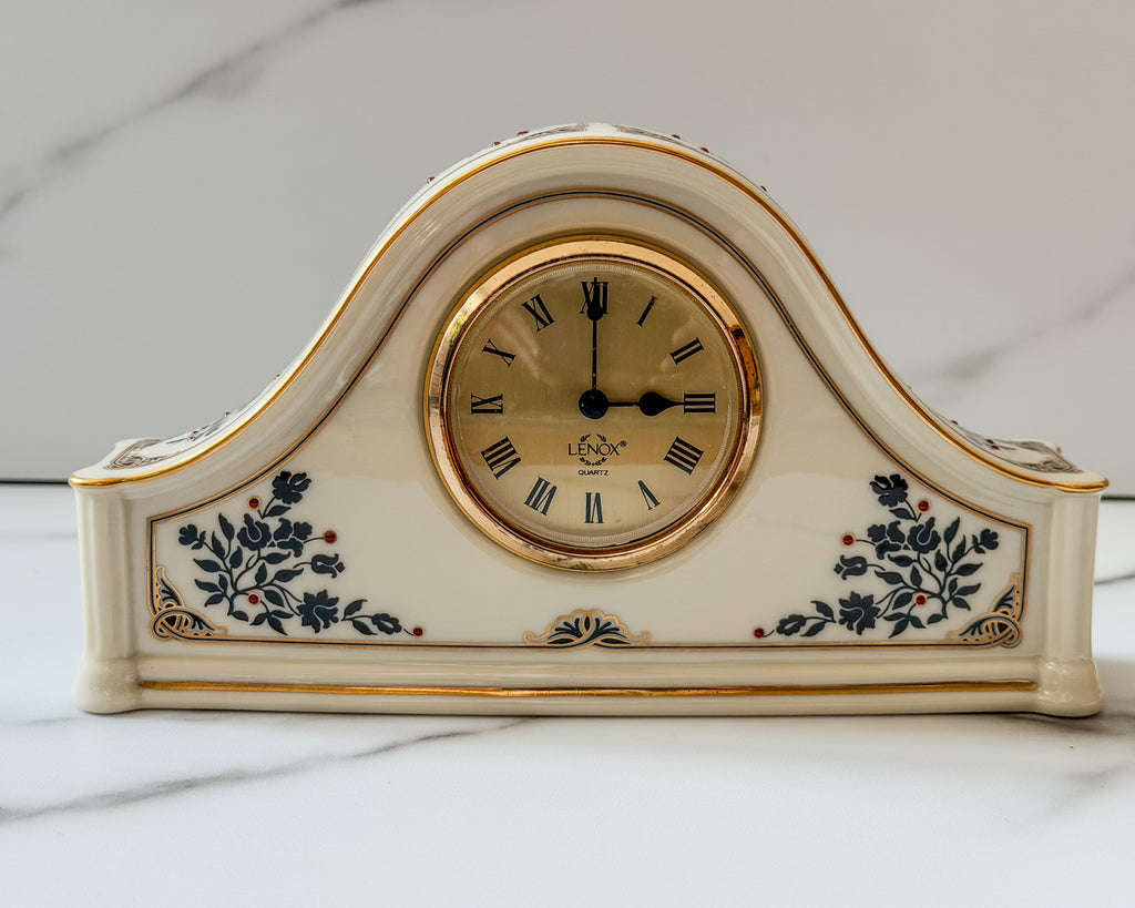 Vintage Lenox Madison Quartz Mantel Clock | Ivory Porcelain Gold Trim Desk Shelf Table Clock | 9” x 5”