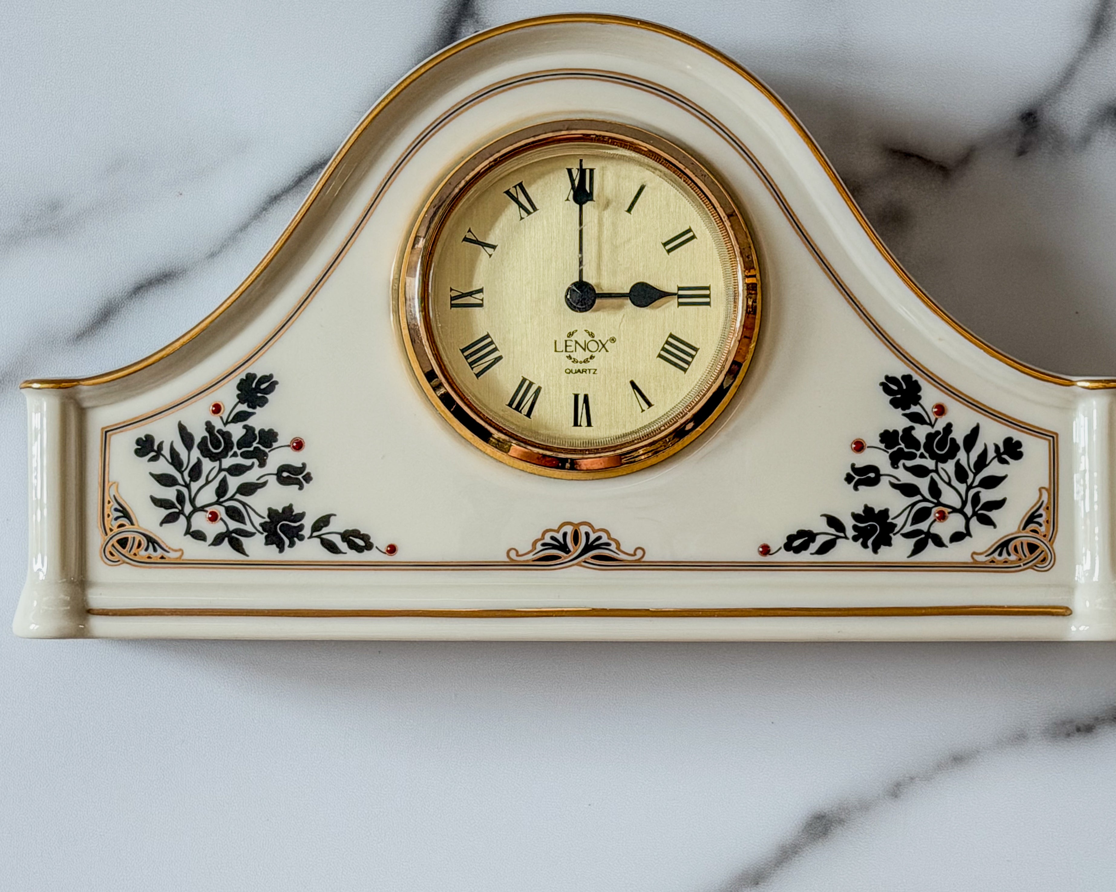 Vintage Lenox Madison Quartz Mantel Clock | Ivory Porcelain Gold Trim Desk Shelf Table Clock | 9” x 5”
