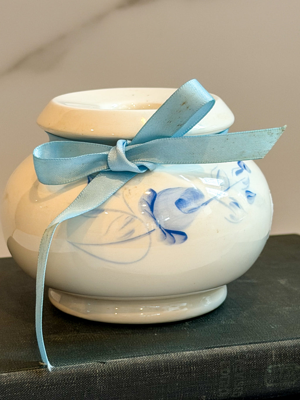 Vintage Lasting Products Hand Painted Blue Floral Ceramic Candle Holder 3”