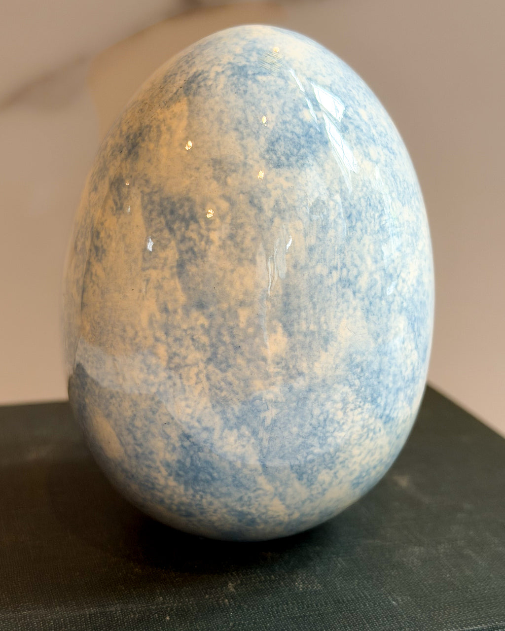 Vintage Blue & White Spongeware Ceramic Egg Decorative Easter Egg
