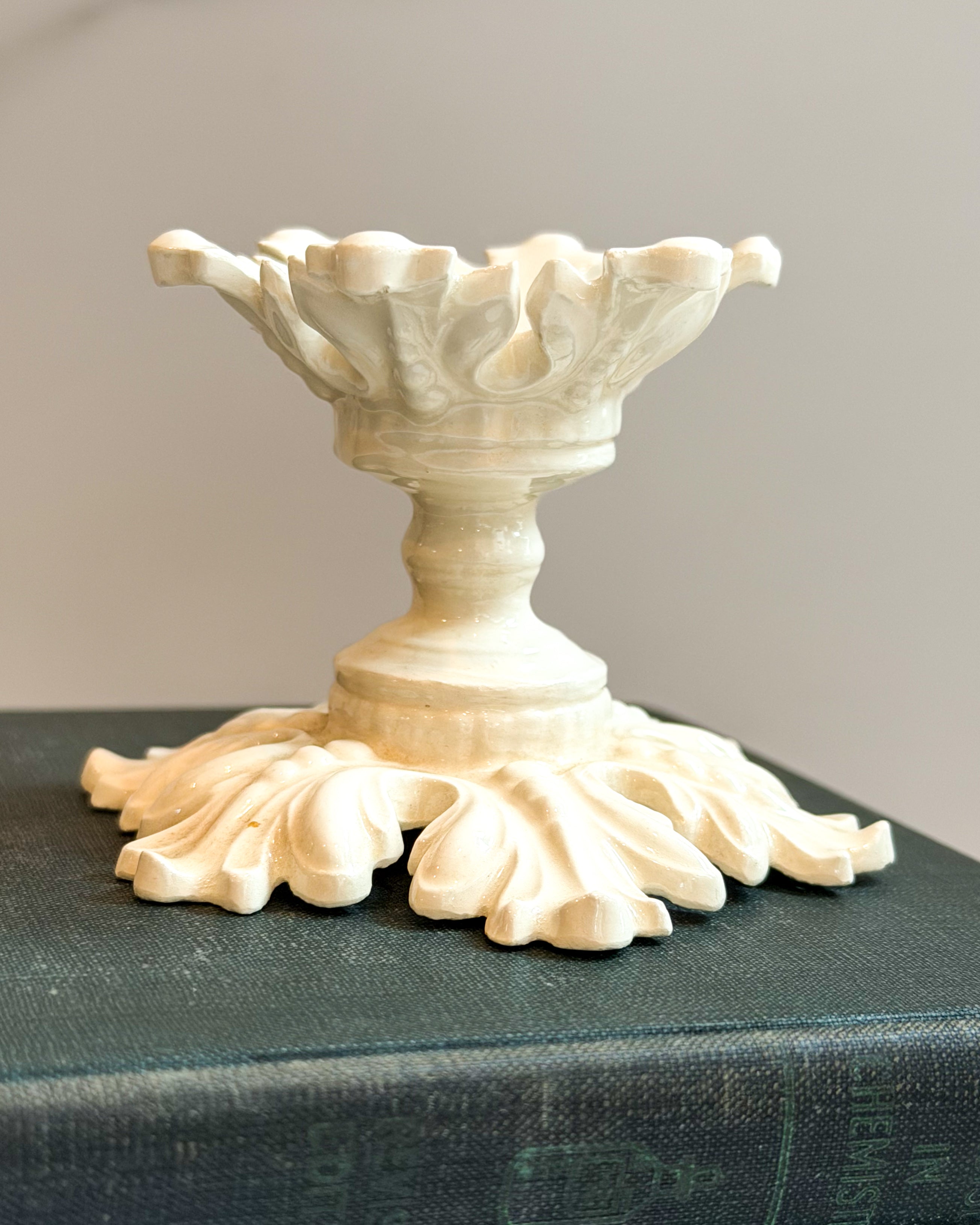 Vintage White Ceramic Egg Cup Holder Ornate Leaf Pedestal