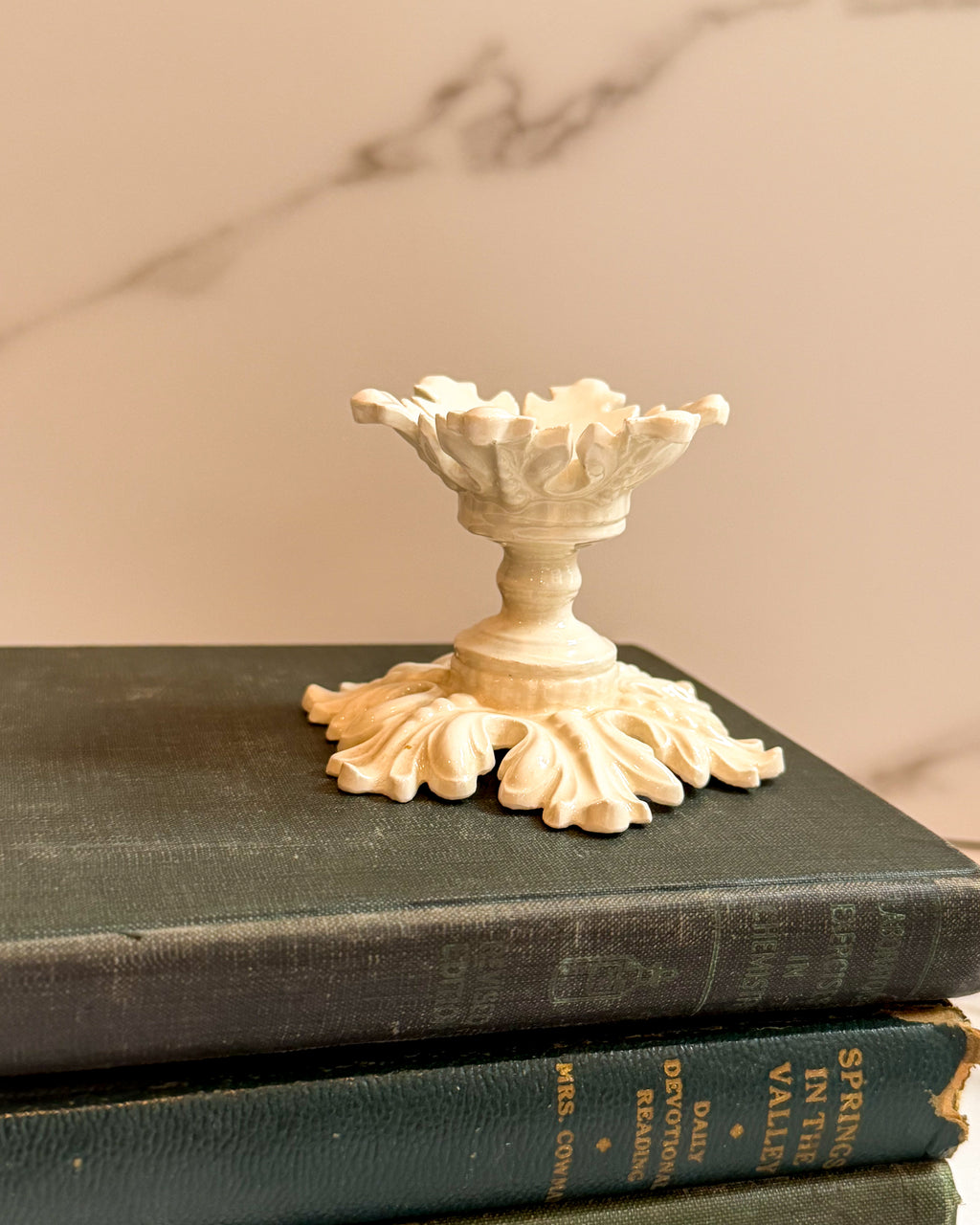 Vintage White Ceramic Egg Cup Holder Ornate Leaf Pedestal