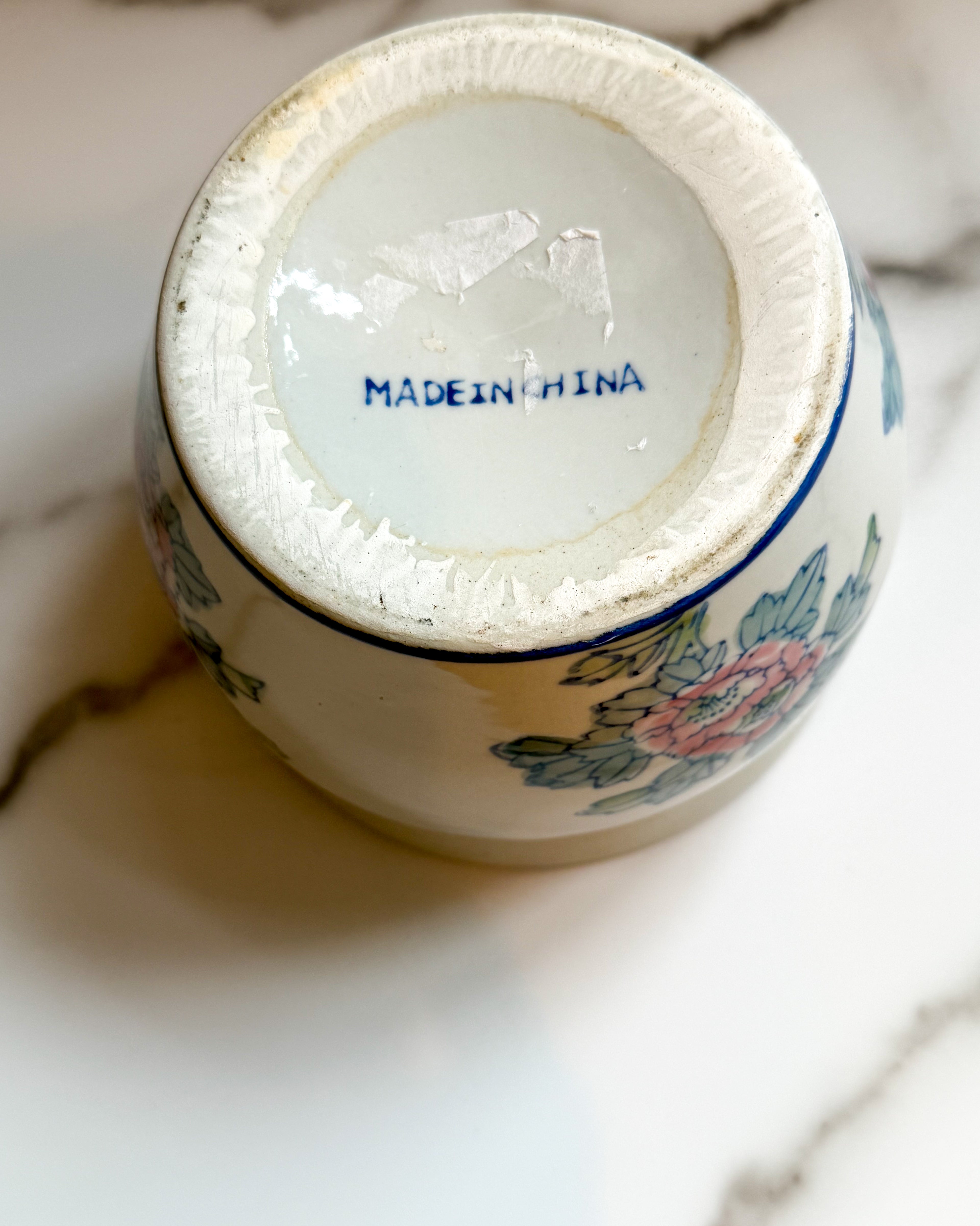 Vintage Chinese Porcelain Cachepot Planter Blue Greek Key & Pink Floral 6”