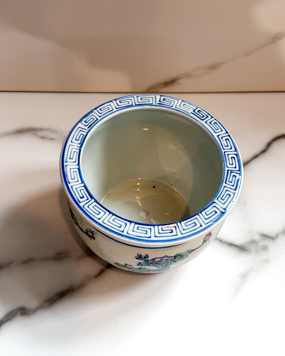 Vintage Chinese Porcelain Cachepot Planter Blue Greek Key & Pink Floral 6”