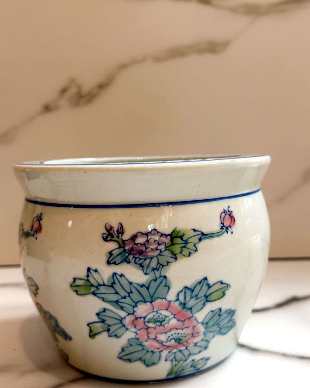 Vintage Chinese Porcelain Cachepot Planter Blue Greek Key & Pink Floral 6”