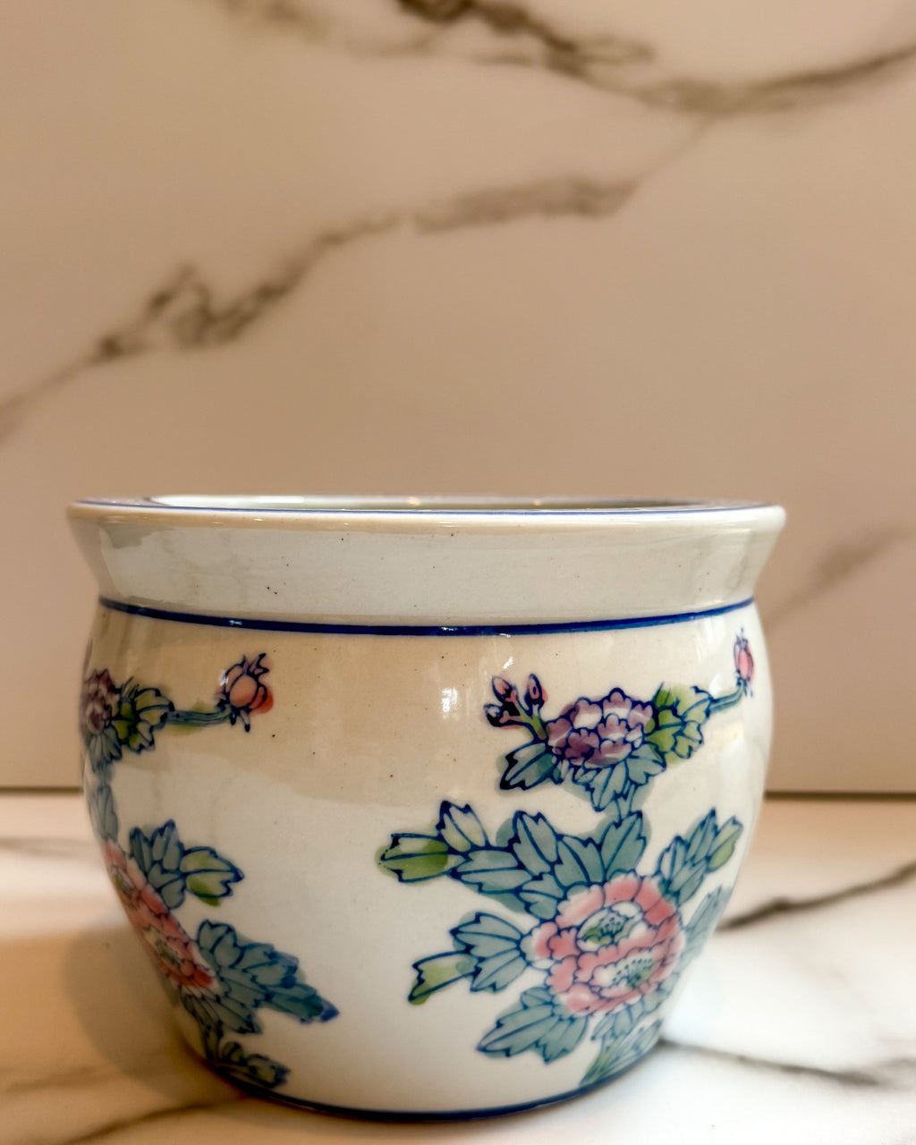 Vintage Chinese Porcelain Cachepot Planter Blue Greek Key & Pink Floral 6”
