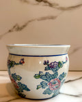 Vintage Chinese Porcelain Cachepot Planter Blue Greek Key & Pink Floral 6”