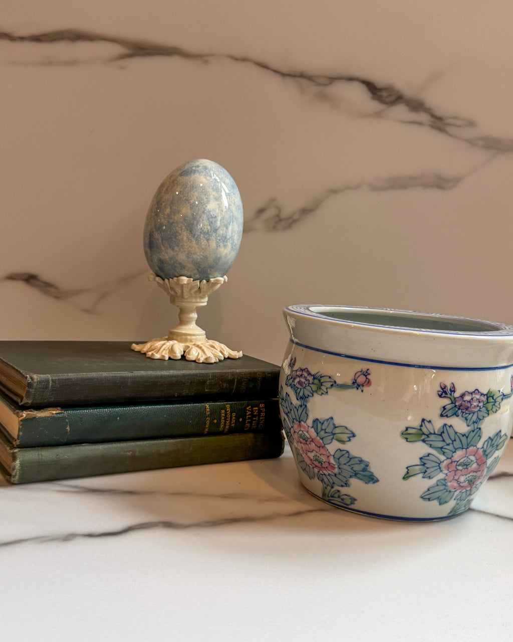 Vintage Blue & White Spongeware Ceramic Egg Decorative Easter Egg