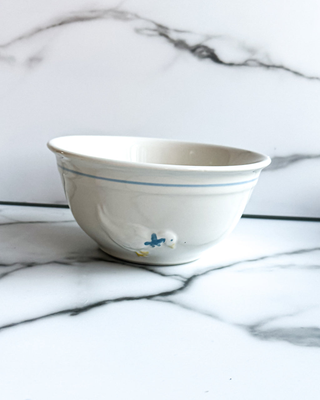 Vintage White Ceramic Duck Mixing Bowl with Blue Stripe