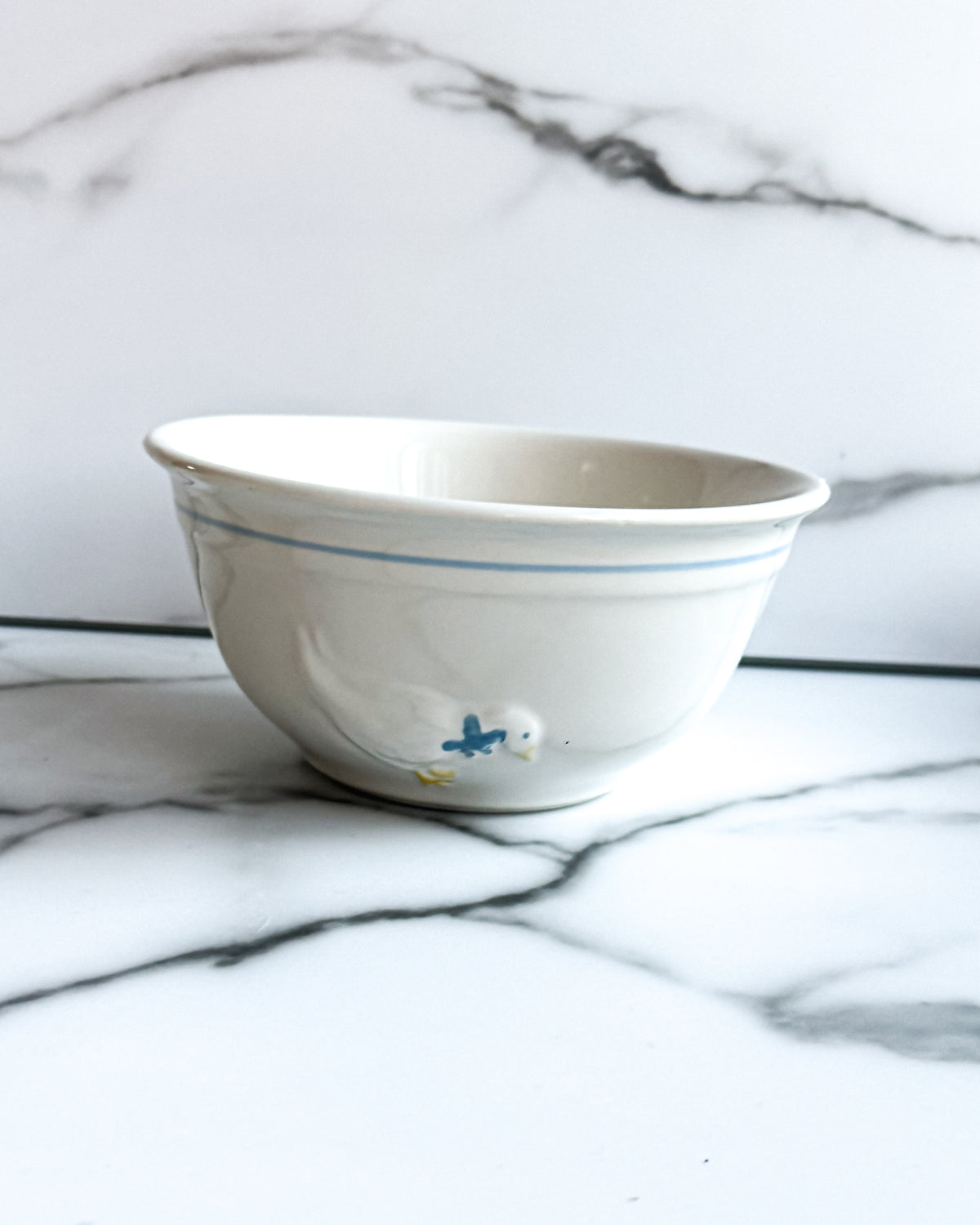 Vintage White Ceramic Duck Mixing Bowl with Blue Stripe