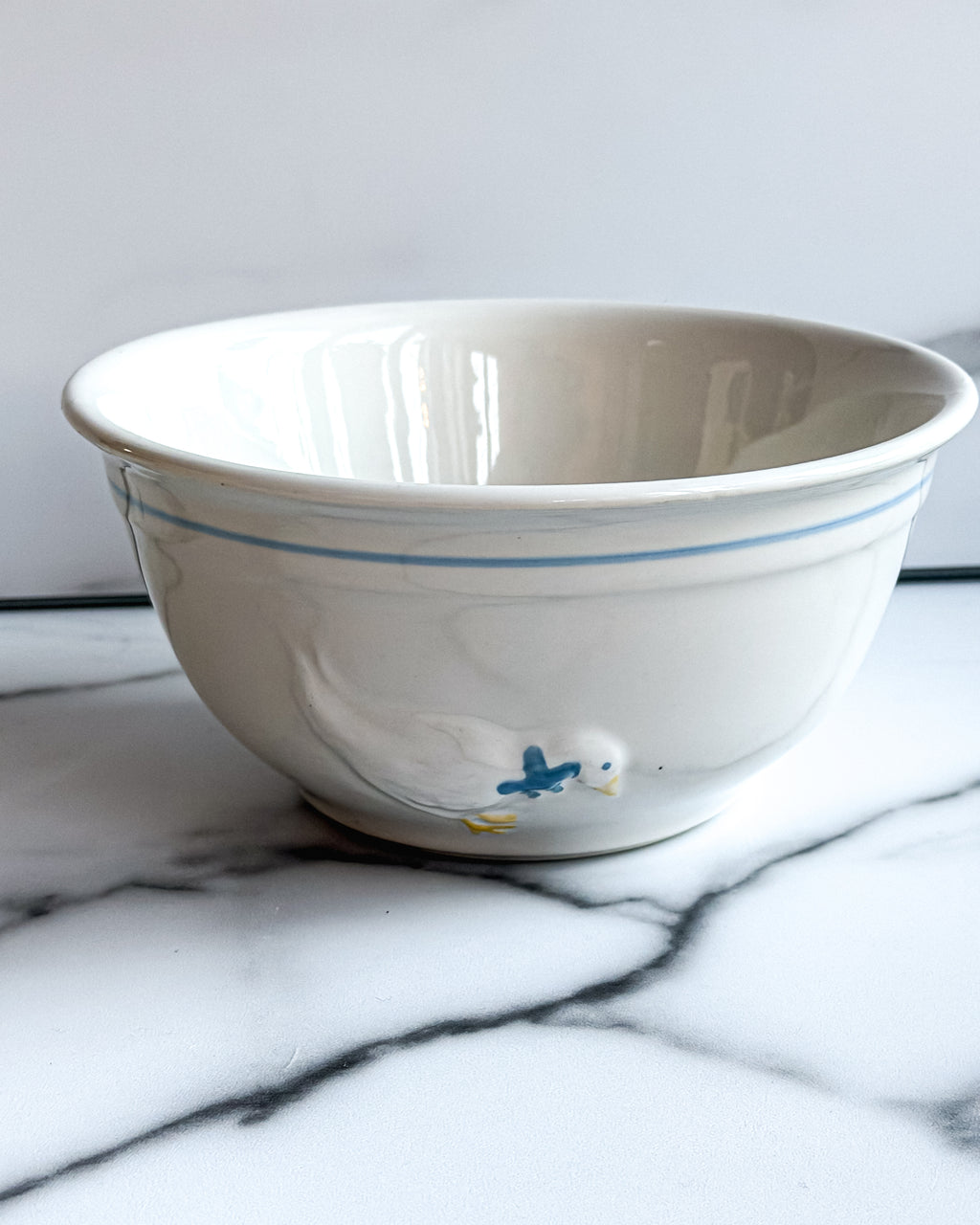 Vintage White Ceramic Duck Mixing Bowl with Blue Stripe