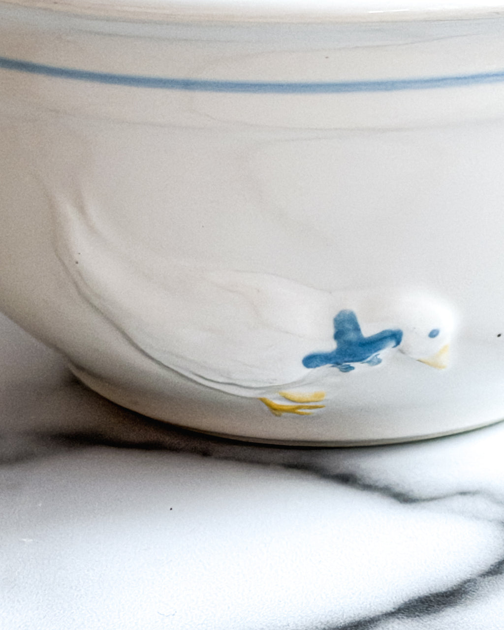 Vintage White Ceramic Duck Mixing Bowl with Blue Stripe
