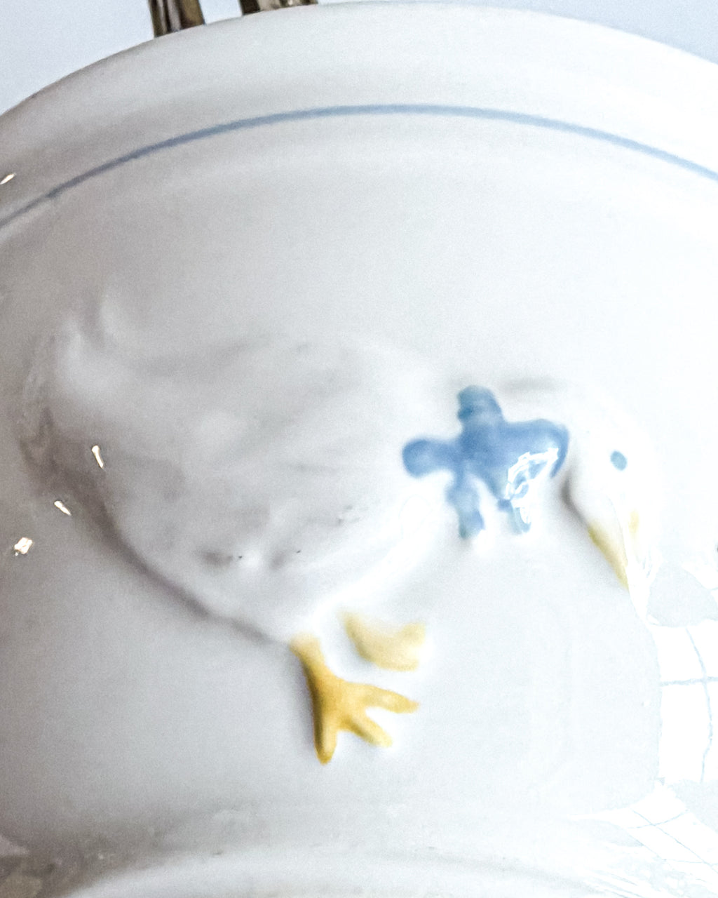Vintage White Ceramic Duck Mixing Bowl with Blue Stripe
